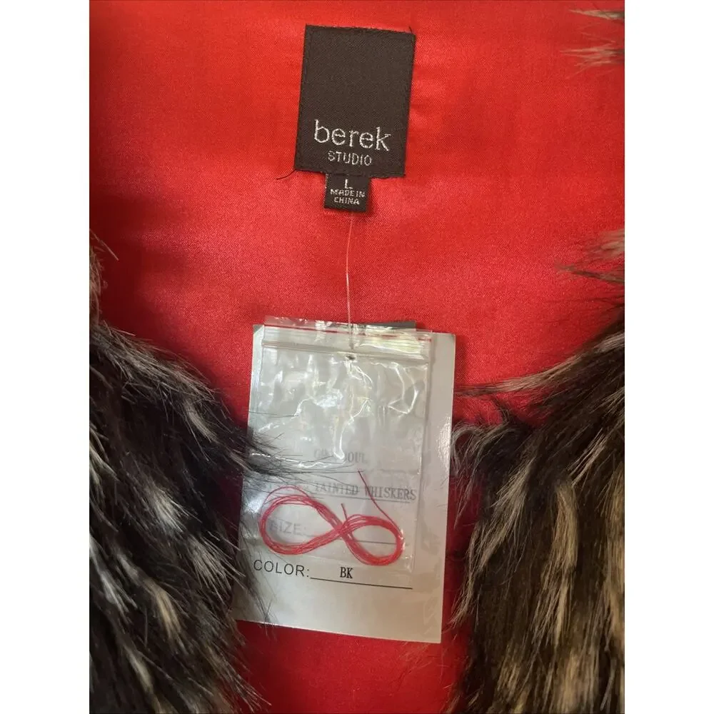 Berek NWT Tainted Whiskers Faux Fur Vest Red Satin Lining Black & White Size L - Picture 4 of 10